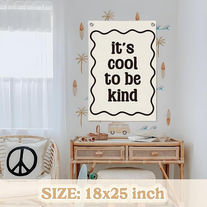 Affirmation Wall Decor It's Cool to be Kind Linen Canvas Banner, Nursery Decor - Image 2