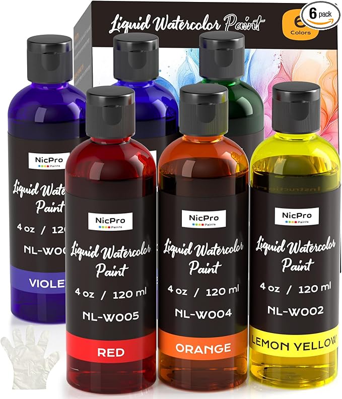 Nicpro 6 Colors Liquid Watercolor Paint Set, 4oz Liquid Watercolor Paint by Nicpro