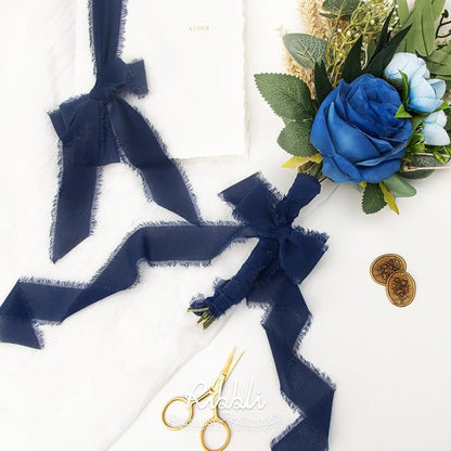 Ribbli Navy Chiffon Ribbon 1-1/2 inch x 20 Yard Handmade Fringe Chiffon Silk - Image 4