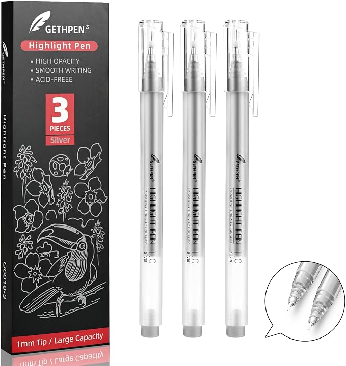 Silver Gel Pens, 3 Pack, 1mm Extra Fine Point Gel Ink Pen, Opaque White by GETHPEN