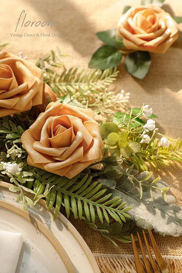 Floroom Artificial Flowers 50pcs Real Looking Gold Foam Fake Roses - Image 3