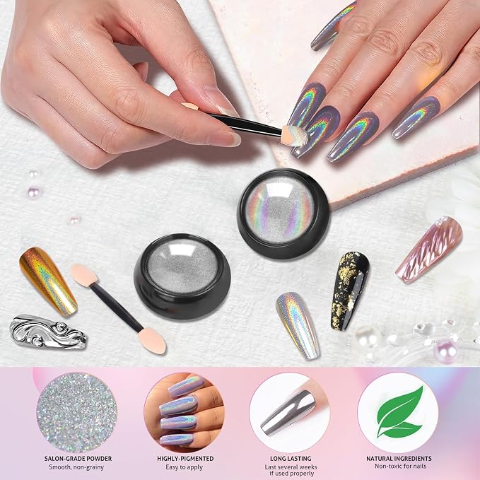 Gold Silver Chrome Nail Powder, 12 Colors Iridescent Holographic Unicorn Chrome - Image 7