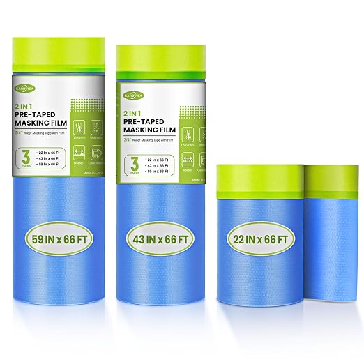 Pre-Taped Masking Film for Painting, 59/43/ 22 in * 66 FT, 3-Rolls Painters by SARDVISA