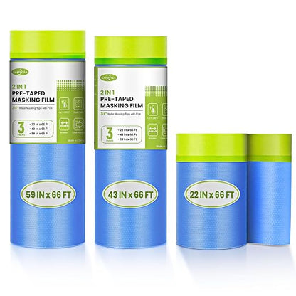 Pre-Taped Masking Film for Painting, 59/43/ 22 in * 66 FT, 3-Rolls Painters by SARDVISA