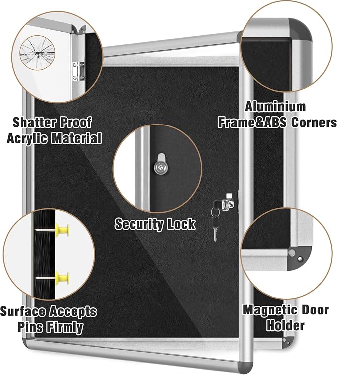28"x26" Enclosed Bulletin Board, Lockable Weather-Resistant Aluminum Cork - Image 3