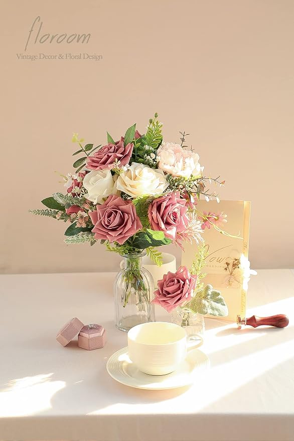 Floroom Artificial Flowers 16pcs 3.5" Real Looking Dusty Rose Foam Fake Hybrid - Image 2