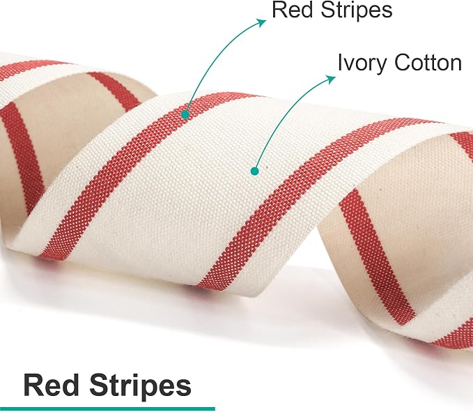 CT CRAFT LLC Ivory Cotton Red Stripes Ribbon 5/8" x 10 Yards - Image 2