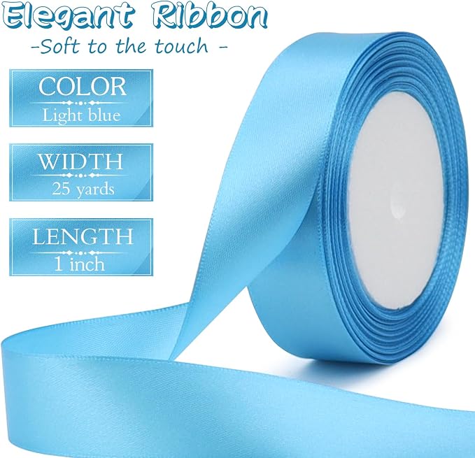 Light Blue Solid Satin Ribbon 1 Inch 25 Yards Solid Polyester Fabric Ribbon - Image 2