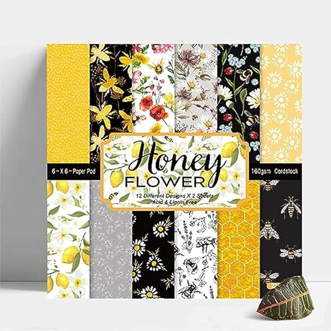 Honey Bee Pattern Paper Pack Yellow Black And Gray 24 Sheets Decorative by SXUSALLC