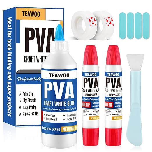 Book Repair & Binding Glue Kit – 8.5 Oz + 2×1.35 Oz Acid-Free PVA Adhesive – by TEAWOO