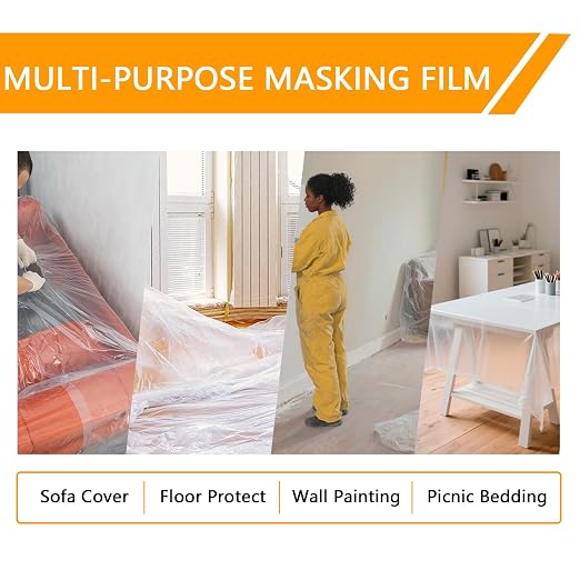 Painters Plastic with Tape 59inx65ft, Pre-Taped Masking Film Automotive Tape - Image 6