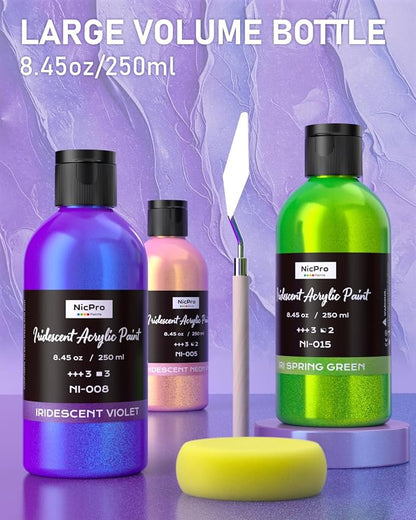 Nicpro 8 Colors Iridescent Acrylic Paint, 8.45oz / 250ml Large Bulk Metallic - Image 6