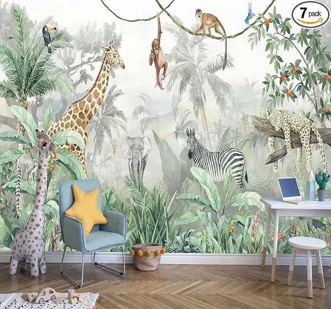 Kids Wallpaper Tropical Leves and Safari Animals Wall Mural by Reyhui