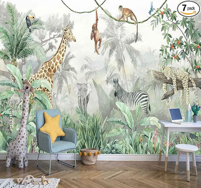 Kids Wallpaper Tropical Leves and Safari Animals Wall Mural by Reyhui