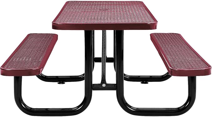 Global Industrial 6’L Rectangular Picnic Table, Expanded Metal, Attached Benches - Image 4