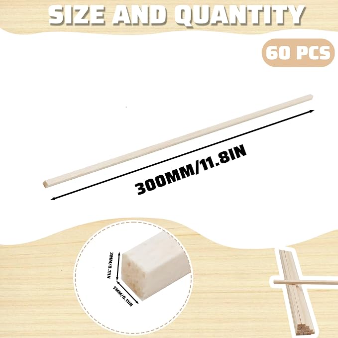 60Pcs Wood Square Dowel Rods 1/8 x 1/8 x 12 inch, Balsa Wood Squares - Image 2