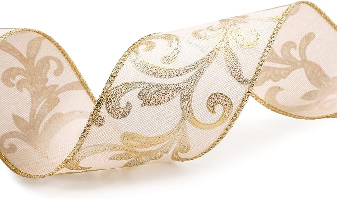 CT CRAFT LLC Tan Burlap Gold Swirl Wired Ribbon 2.5 Inch x 10 Yards - Image 4