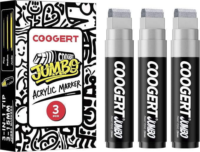 3Pcs Silver Jumbo Poster Markers, 15MM Thick Permanent Acrylic Graffiti Markers by CoogertPaintPens