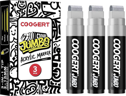 3Pcs Silver Jumbo Poster Markers, 15MM Thick Permanent Acrylic Graffiti Markers by CoogertPaintPens