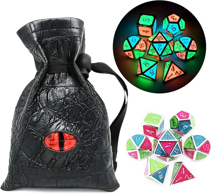 Haxtec Glow in The Dark Glowing Blue Red Green Silver Metal Dice Set D&D 7PCS by HaxtecDice