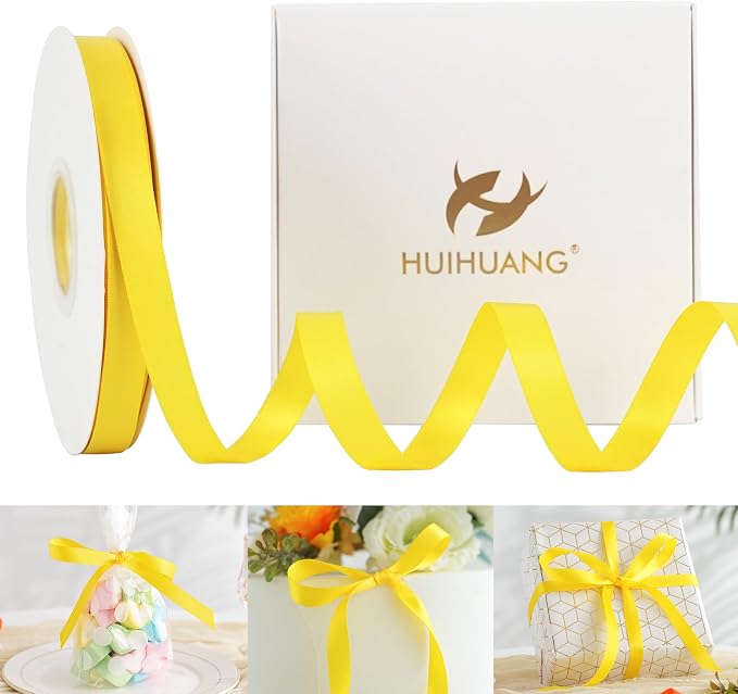 HUIHUANG Yellow Ribbon 1/2 inch Continuous 50 Yards Double-Faced Satin Ribbon by HUIHUANG