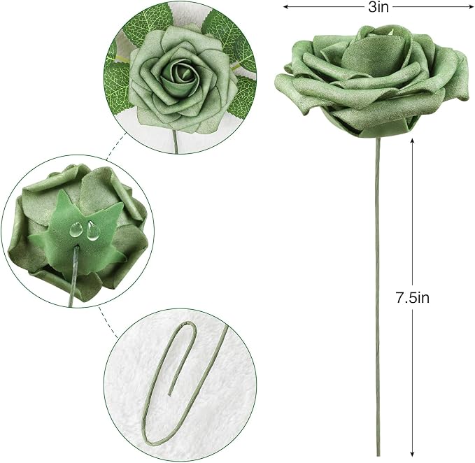 AmyHomie Artificial Flowers Green Rose 25pcs Real Looking Fake Roses w/Stem - Image 2