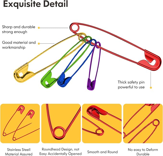 Safety Pins Assorted, 340 Pack 5 Different Sizes Small and Large Safety Pin - Image 3
