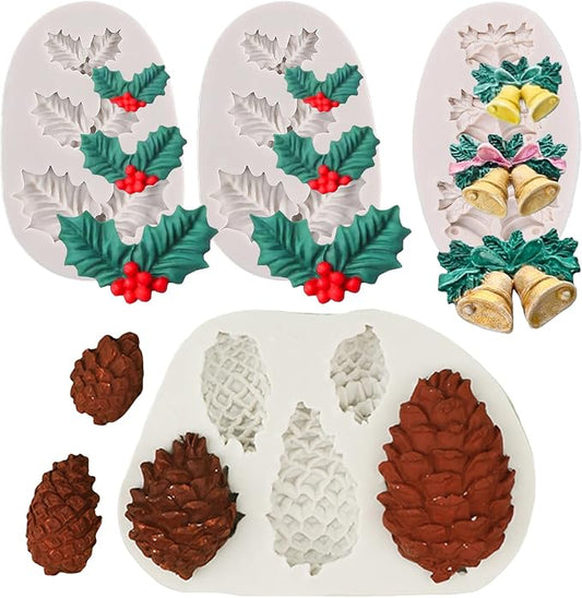4PCS Christmas Fondant Molds, Christmas Holly Leaves Bells Pinecone Silicone by Wehous