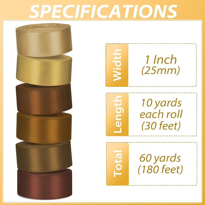1 Inch Brown Satin Ribbons for Crafts, 6 Rolls Single-Faced Brown Assorted - Image 2