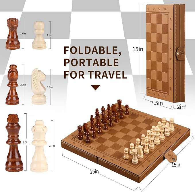 15" Magnetic Chess Set & Checkers Set 2 in 1，Rinten Leather Portable Travel - Image 6