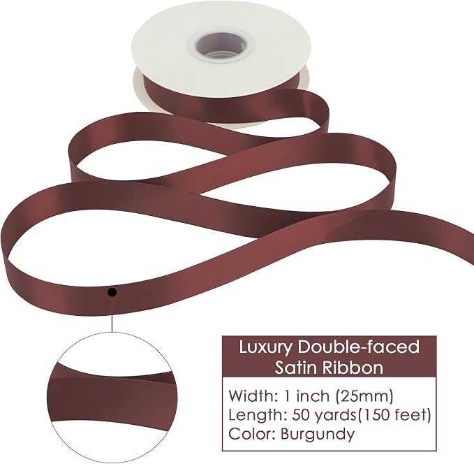 HUIHUANG Burgundy Satin Ribbon 1 inch x 50 Yards Dark Burgundy Double-Faced - Image 2