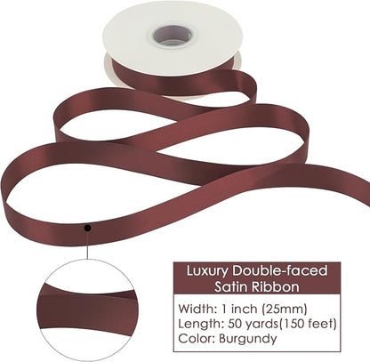 HUIHUANG Burgundy Satin Ribbon 1 inch x 50 Yards Dark Burgundy Double-Faced - Image 2