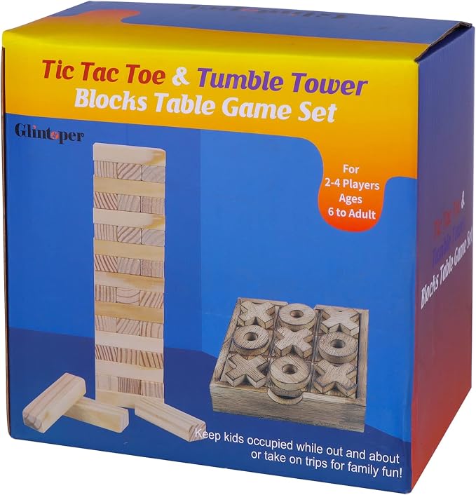 Glintoper Tic Tac Toe & Tumble Tower Blocks Tables Game Set, Classic Wood - Image 4