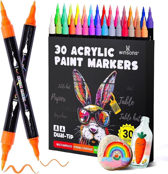 Acrylic Markers, 30 Dual-Tip Paint Pens by WINSONS