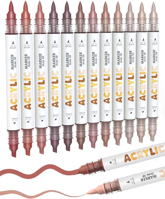 Guangna 12 Red Brown Dual Tip Acrylic Paint Markers, Brush Tip & Chisel Tip by GuangnaArtSupplies