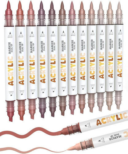 Guangna 12 Red Brown Dual Tip Acrylic Paint Markers, Brush Tip & Chisel Tip by GuangnaArtSupplies