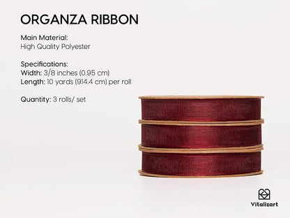 Vitalizart 3/8" x 30Yd Organza Ribbon Christmas Red Sheer Ribbons Set 10 Yd x 3 - Image 2
