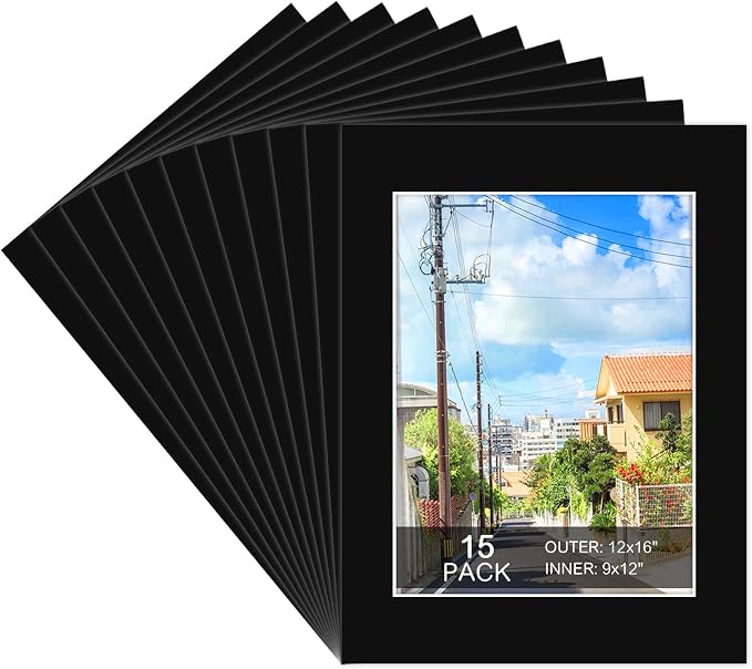 15 Pack 12x16 Black Picture Mats, Frame Mattes by Prudiut
