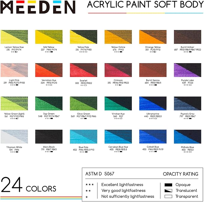 MEEDEN Soft Body Acrylic Paints Set: Matte Finish 24 Colors x 60ml/2oz Fluid - Image 2