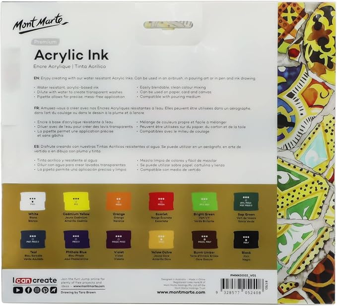 Mont Marte Acrylic Ink Premium 12pc x 20ml, Acrylic Inks - Image 6