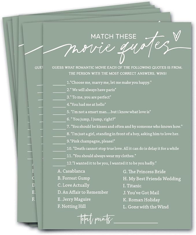 Bridal Shower Games Cards, Match These Movie Quotes, 25 Game Cards by Wybgno