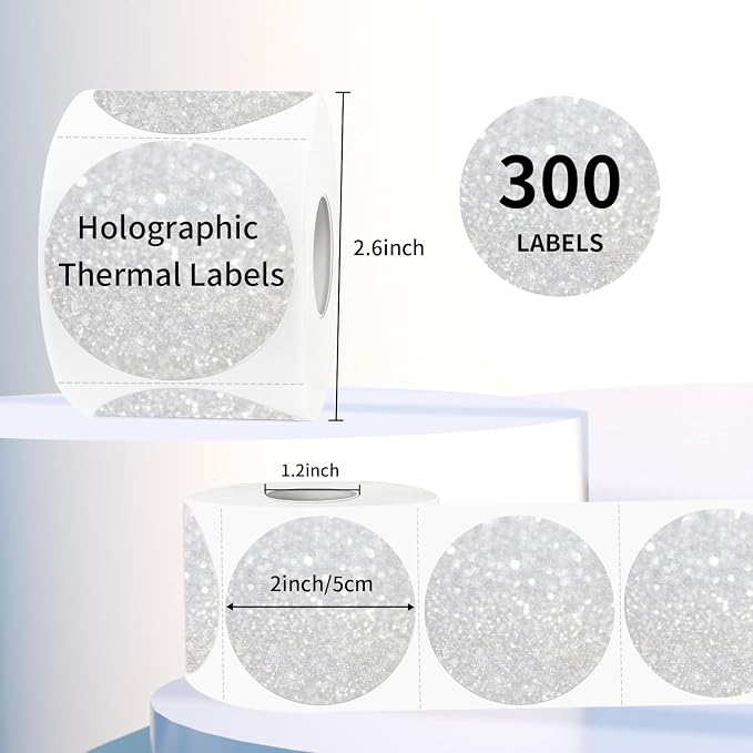 2" Circle Holographic Thermal Label Stickers, Round Printable Rainbow Glitter - Image 2
