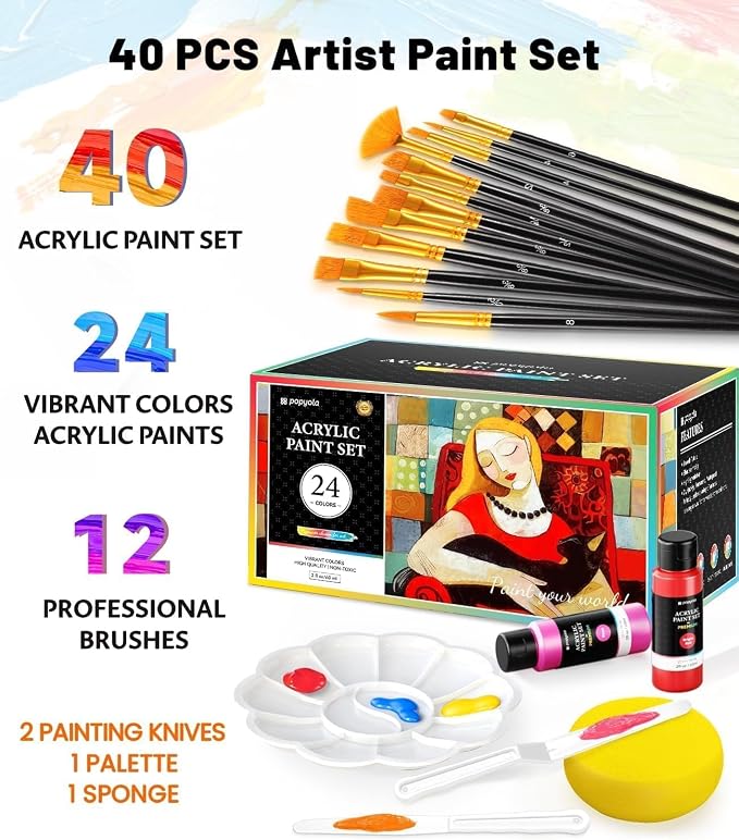 40 PCS Acrylic Paint Set with 12 Brushes, 2 Knives & Palette, 24 Colors Art - Image 2