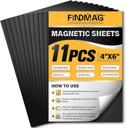 FINDMAG Magnetic Sheets, 11 Pack, Cut and Customize Flexible Self Adhesive by FINDMAG