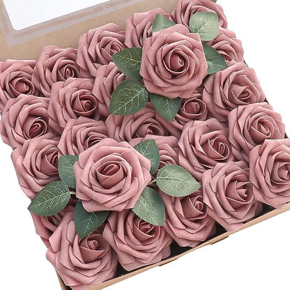Floroom Artificial Flowers 25pcs Real Looking Dusty Rose Foam Fake Roses by Floroom