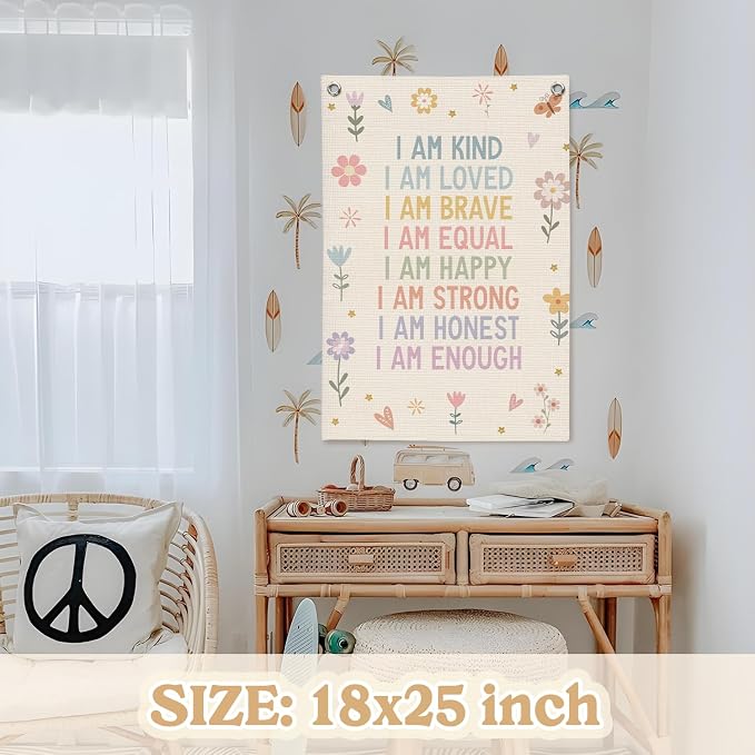 Affirmations Wall Hanging Art for Kids, Flower Wall Art I Am Kind Linen Canvas - Image 2