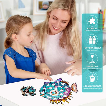 Wooden Puzzles for Kids, 100 Pieces Ocean Puzzle, Unique Fish Shaped Wooden - Image 4