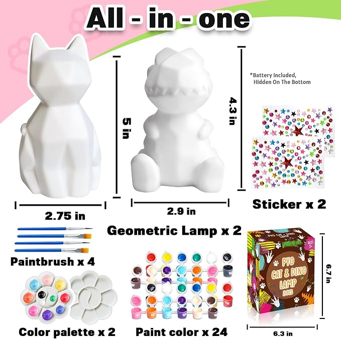 FUNZBO 2Pcs Paint Your Own Dinosaur & Cat Lamp - Image 2