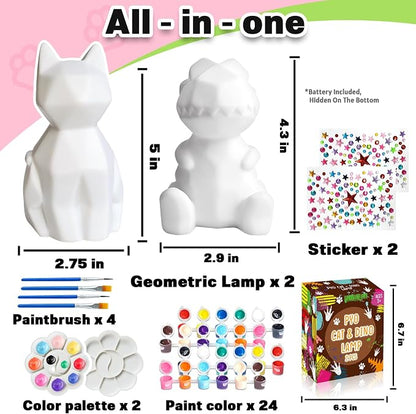 FUNZBO 2Pcs Paint Your Own Dinosaur & Cat Lamp - Image 2