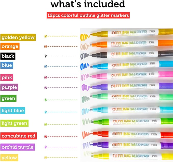 Incraftables Outline Glitter Markers – Metallic, Double Line Pens, Shimmer - Image 2
